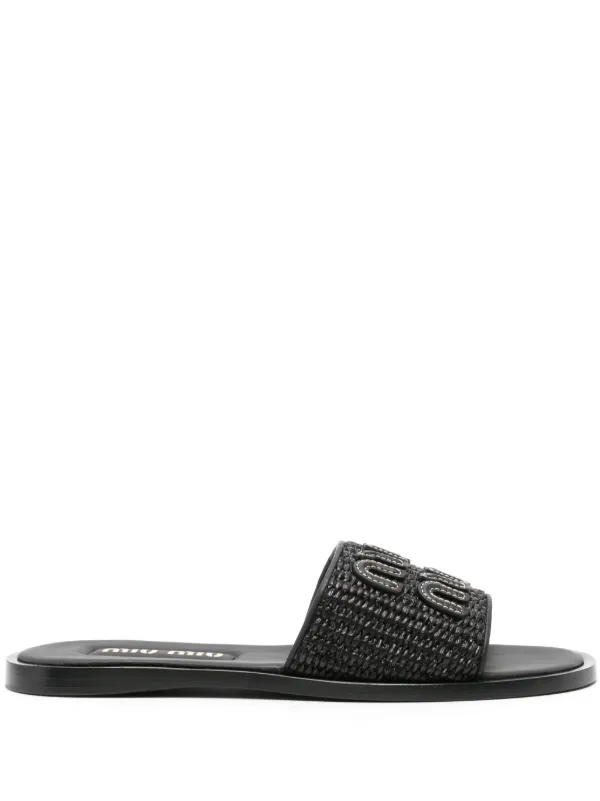 IMG_7942-1.webp Miu Miu Raffia-effect woven Black slides - Image 1